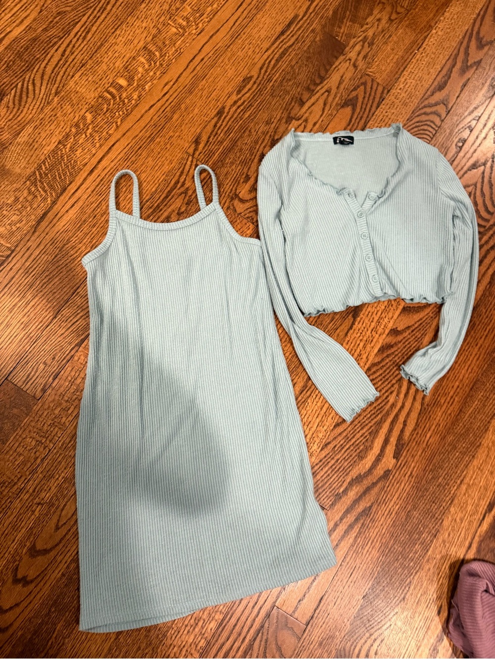 art class Light Mint Green Ribbed Tank Dress with Matching Cropped Cardigan
